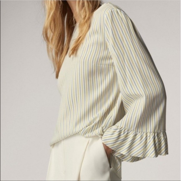 Massimo Dutti Tops - 🎈Massimo Dutti yellow and blue striped v cut back ruffle bell sleeve blouse top